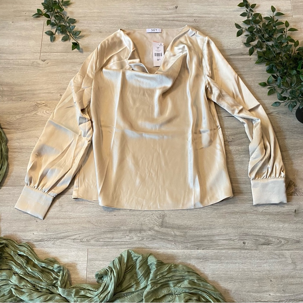 Satin Cowl-neck Long-Sleeve Blouse in Champagne